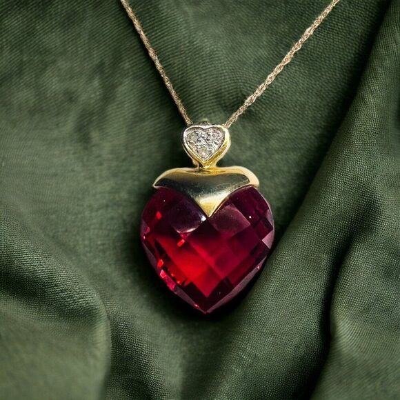 Ruby Necklace in 10k Yellow Gold 16" Ruby & Diamond Large Heart Briolette - 3g - Picture 6 of 10